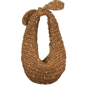 Haute Hippie Style Handbag Brown Straw Crochet Pearl Raffia Moon Bow Bag NWOT